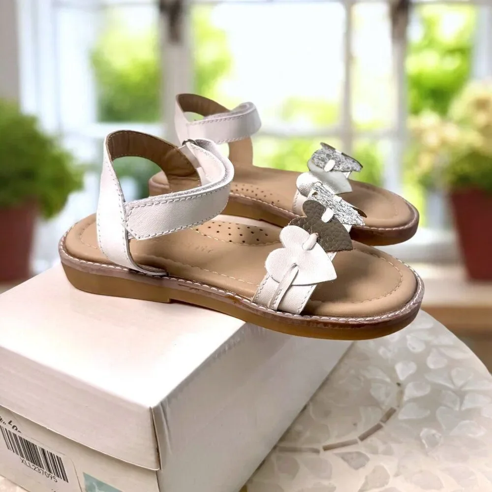 Elephantito Caro Cuore Leather Sandal Girls White Silver Hearts Size 10 EU 26